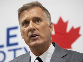 People's Party of Canada Leader Maxime Bernier responds to a question during a news conference in Ottawa, Monday August 24, 2020.
