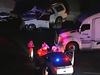 The scene of a crash in Encino, California, in which a woman died after her husband drove into oncoming traffic, colliding with a tractor-trailer. (KABC)