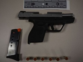 One of two loaded guns seized when Toronto Police stopped a vehicle near King St. W. and Atlantic Ave. on Friday, Aug. 21, 2021.