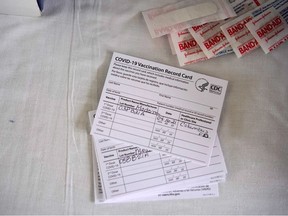 Vaccination cards are pictured at a rural coronavirus disease (COVID-19) vaccination site in Columbus, New Mexico, U.S., April 16, 2021.