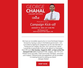 George Chahal’s emailed invitation to ‘campaign kick-off’ event — despite no election being called