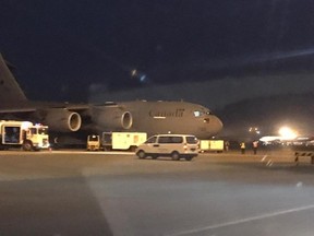 An RCAF C-17 Globemaster on the ground at Kabul Airport on Aug. 14 2021.