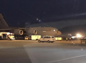 An RCAF C-17 Globemaster on the ground at Kabul Airport on Aug. 14 2021.