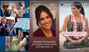Screenshots of birthday messages to Meghan Markle from the Instagram accounts of the Royal Family, Clarence House and the Duke and Duchess of Cambridge.