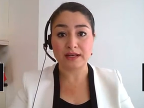 Liberal minister Maryam Monsef speaks about the Taliban during a press conference on Aug. 25, 2021.