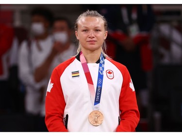 Tokyo 2020 Olympics - Judo - Women's 57kg - Medal Ceremony - Nippon Budokan - Tokyo, Japan - July 26, 2021. Bronze medallist Jessica Klimkait of Canada reacts REUTERS/Sergio Perez