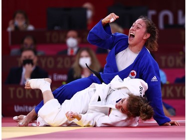 Tokyo 2020 Olympics - Judo - Women's 63kg - Bronze medal match - Nippon Budokan - Tokyo, Japan - July 27, 2021. Catherine Beauchemin-Pinard of Canada celebrates after winning bronze against Anriquelis Barrios of Venezuela REUTERS/Sergio Perez