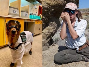 Paleontologist Jade Simon with service dog Basil, left