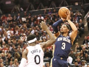 Toronto Raptors guard Terence Davis (0) and New Orleans Pelicans guard Josh Hart (3) on Tuesday October 22, 2019.The Toronto Raptors host the New Orleans Pelicans at the Scotiabank Arena in Toronto.