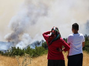 Locals watch a wildfire near the town of Manavgat, east of the resort city of Antalya, Turkey, July 31, 2021.