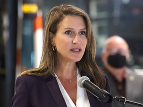 Caroline Mulroney, Minister of Transportation, makes a point at a funding announcement in Sudbury. on July 21, 2021.