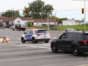 Sudbury police at the scene after a person was stabbed, then allegedly run over intentionally, in the area of Lasalle Boulevard and Notre Dame Avenue early Tuesday, Sept. 7, 2021.