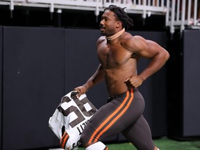 Myles Garrett of the Cleveland Browns runs off the field after a game.