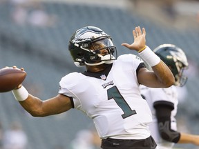 Jalen Hurts #1 leads the Philadelphia Eagles against the Atlanta Falcons in Week1 on Sunday.