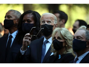 Left to right: Former president Barack Obama, former first lady Michelle Obama, President Joe Biden, First Lady Jill Biden and former New York City mayor Michael Bloomberg attend the annual 9/11 Commemoration Ceremony at the National 9/11 Memorial and Museum on Sept. 11, 2021 in New York City.