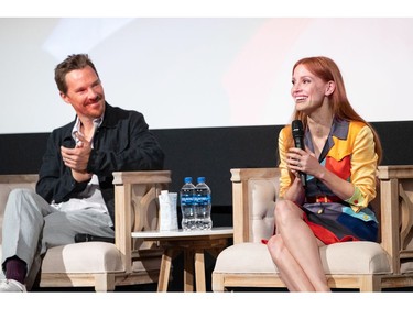 Benedict Cumberbatch and Jessica Chastain attend the 2021 TIFF Tribute Awards Press Conference at Roy Thomson Hall on Sept. 11, 2021 in Toronto.