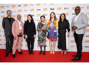 From left to right: Denis Villeneuve, Dionne Warwick, Danis Goulet, Alanis Obomsawin, Jessica Chastain, Joana Vicente and Cameron Bailey attend the 2021 TIFF Tribute Awards Press Conference at Roy Thomson Hall on Sept. 11, 2021 in Toronto.