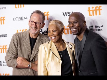 From left to right: David Heilbroner, Dionne Warwick, and Dave Wooley attend the "Dionne Warwick: Don't Make Me Over" Premiere during the 2021 Toronto International Film Festival at Princess of Wales Theatre on Sept. 11, 2021 in Toronto.