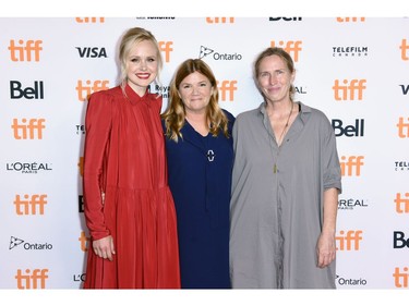 Left to right: Alison Pill, Mare Winningham, and Miriam Toews attend the "All My Puny Sorrows" premiere during the 2021 Toronto International Film Festival at Princess of Wales Theatre on Sept. 11, 2021 in Toronto.