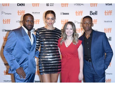 Left to right: Thyrone Tommy, Emma Ferreira, Marni Van Dyk, and Thomas Antony Olajide attend the "Learn To Swim" photo call during the 2021 Toronto International Film Festival at Cineplex Scotiabank Theatre on Sept. 11, 2021 in Toronto.