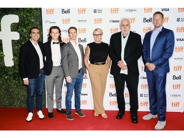 Left to right: Andrew Corkin, Colton Gobbo, Chris Sparling, Alex Lalonde, Phillip Noyce, and Zack Schiller attend the "Lakewood" premiere during the 2021 Toronto International Film Festival at Roy Thomson Hall on Sept. 12, 2021 in Toronto.