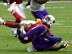 Quarterback Kyler Murray #1 of the Arizona Cardinals is sacked in the fourth quarter of the game against the Minnesota Vikings in Week 2.