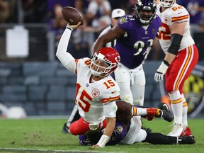 Patrick Mahomes #15 of the Kansas City Chiefs throws an interception against the Baltimore Ravens during the fourth quarter on September 19, 2021 in Baltimore, Maryland.