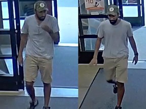 Two side by side images of suspect who allegedly exposed himself in front of an employee at a Burlington pet store on Aug. 22, 2021.