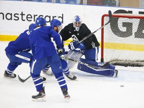 Maple Leafs goalie Petr Mrazek makes a save during a recent scrimmage. This will be Mrazek's first season in Toronto.