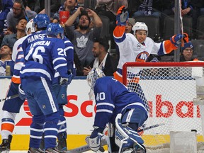 Josh Ho-Sang, then of the New York Islanders, celebrates a goal against the Leafs in 2018.