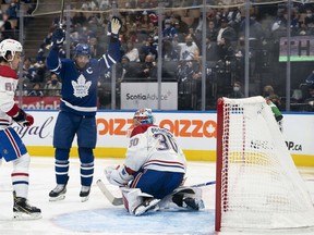Toronto Maple Leafs centre John Tavares celebrates scoring a goal against the Montreal Canadiens on Saturday.