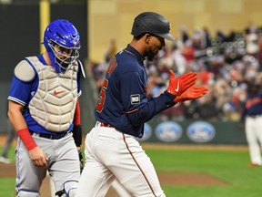Minnesota Twins outfielder Byron Buxton celebrates his two-run home run off against the Blue Jays during the third inning at Target Field on Friday night.