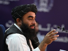 Taliban spokesman Zabihullah Mujahid speaks during a press conference in Kabul on August September 6, 2021.