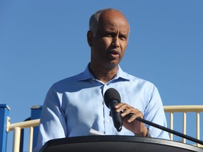 Ahmed Hussen, federal minister of families, children and social development, was in London Friday at White Oaks elementary school, speaking about additional funding put forward by the federal government to help provinces and territories with their return-to-school plans. (JONATHAN JUHA/The London Free Press)