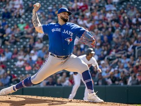 Blue Jays starting pitcher Alek Manoah delivers a pitch against the Twins at Target Field on Sunday, Sept. 26, 2021.