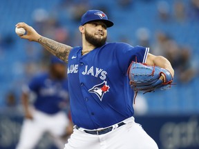 Blue Jays' Alek Manoah pitches during the first inning against the Tampa Bay Rays at Rogers Centre on Monday, Sept. 13, 2021 in Toronto.