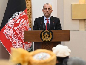 Vice President of Afghanistan Amrullah Saleh speaks during a function at the Afghan presidential palace in Kabul on August 4, 2021.