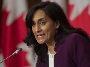 Public Services and Procurement Minister Anita Anand responds to a question during a news conferenceTuesday October 6, 2020 in Ottawa. Anand says Canada has received a first shipment of 100,000 rapid tests for COVID-19. THE CANADIAN PRESS/Adrian Wyld
