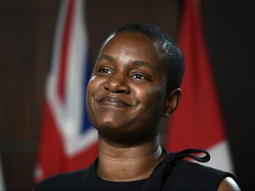 Annamie Paul, leader of the Green Party of Canada, speaks at a news conference on the news that New Brunswick MP Jenica Atwin had left the Green Party to join the Liberal Party, on Parliament Hill in Ottawa, June 10, 2021.