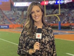 ESPN sideline reporter Allison Williams at game between Florida Gators and Arkansas Razorbacks on Nov. 14, 2020.