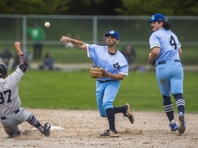 Toronto Maple Leafs’ Dan Marra throws the ball as London Majors’ Carlos Arteaga slides into second base at Christie Pits.  Ernest Doroszuk/Toronto Sun