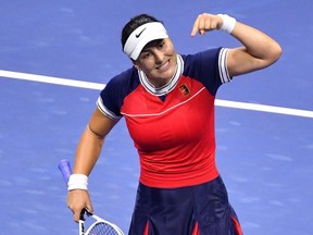 Bianca Andreescu celebrates during her 2021 US Open Tennis tournament women's singles first round match against Viktorija Golubic at the USTA Billie Jean King National Tennis Center in New York City, on Tuesday, Aug. 31, 2021.