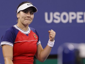 Bianca Andreescu of Canada celebrates after match point against Lauren Davis of the United States (not pictured) on Day 4 of the 2021 U.S. Open tennis tournament at USTA Billie Jean King National Tennis Center in Flushing, N.Y., Sept. 2, 2021.