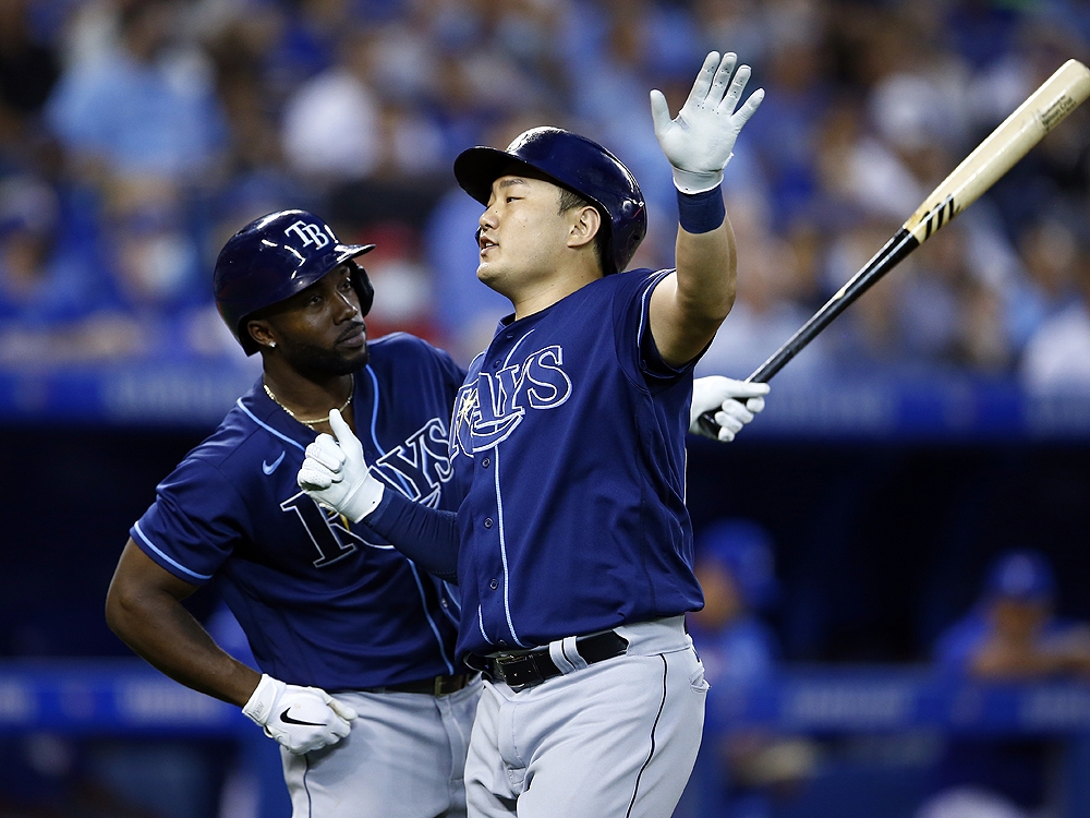 Tampa Bay Rays Ji-Man Choi celebrates after hitting a solo home