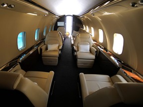 The inside of a fuselage of a Bombardier 350 Challenger jet is seen on display for attendees to view at the Milken Institute Global Conference in Beverly Hills, Calif., May 2, 2017.