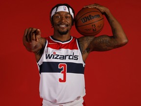 Washington Wizards guard Bradley Beal poses for a portrait during Washington Wizards Media Day at the Washington Entertainment and Sports Arena on Sept. 27, 2021 in Washington, D.C.