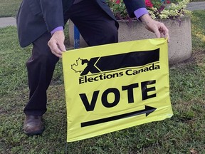 An election voting sign is pictured at Woodman Park Community Centre in Brantford, one of the advance polling stations that opened last weekend at the Brantford-Brant riding for the federal election.