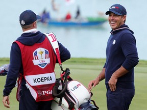 Brooks Koepka of team United States reacts during Saturday afternoon Fourball Matches of the 43rd Ryder Cup at Whistling Straits in Kohler, Wisc.