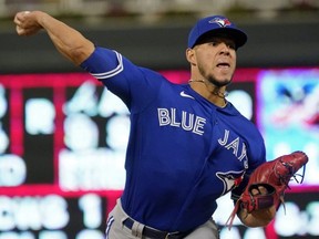 Blue Jays pitcher Jose Berrios throws against his former team, the Minnesota Twins in Minneapolis last night. Jim Mone/AP Photo