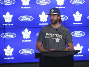 Maple Leafs goalie Jack Campbell speaks to the media at the beginning of training camp.